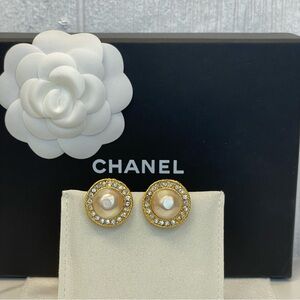 Chanel Earrings! Vintage Stamped 1982. Gold with Rhinestone & Faux Pearl!